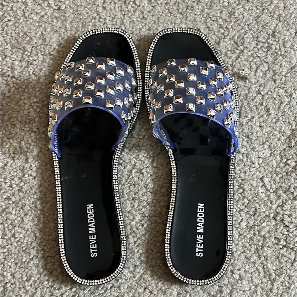 Steve Madden Black and Silver Women's Slide Sandals